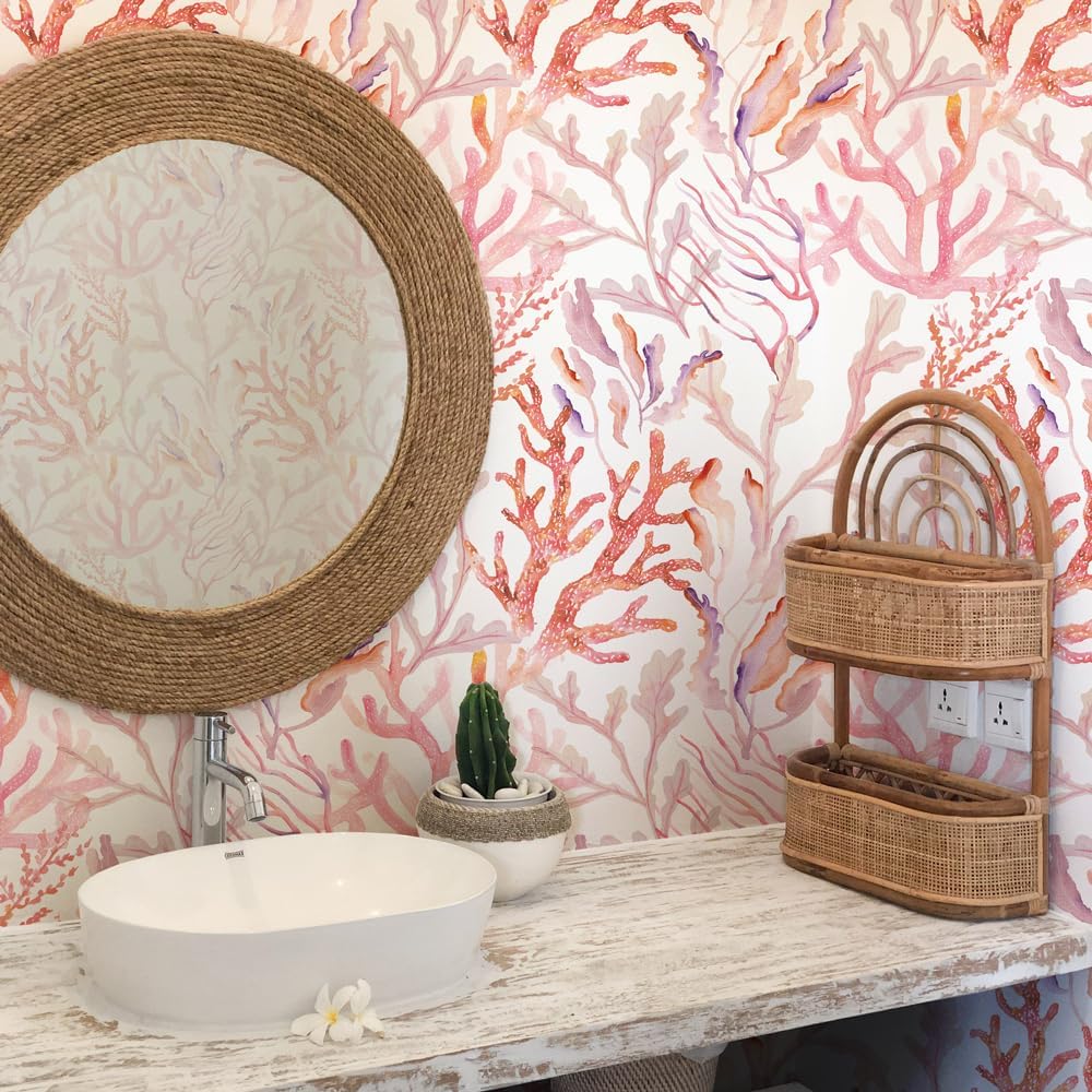Tempaper Rose Pink Coral Reef Removable Peel and Stick Coastal Wallpaper, 20.5 in X 16.5 ft, Made in The USA