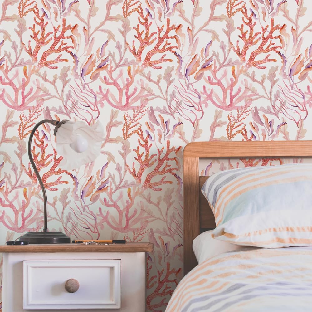 Tempaper Rose Pink Coral Reef Removable Peel and Stick Coastal Wallpaper, 20.5 in X 16.5 ft, Made in The USA