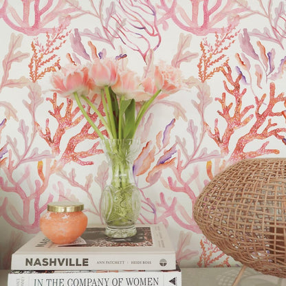 Tempaper Rose Pink Coral Reef Removable Peel and Stick Coastal Wallpaper, 20.5 in X 16.5 ft, Made in The USA