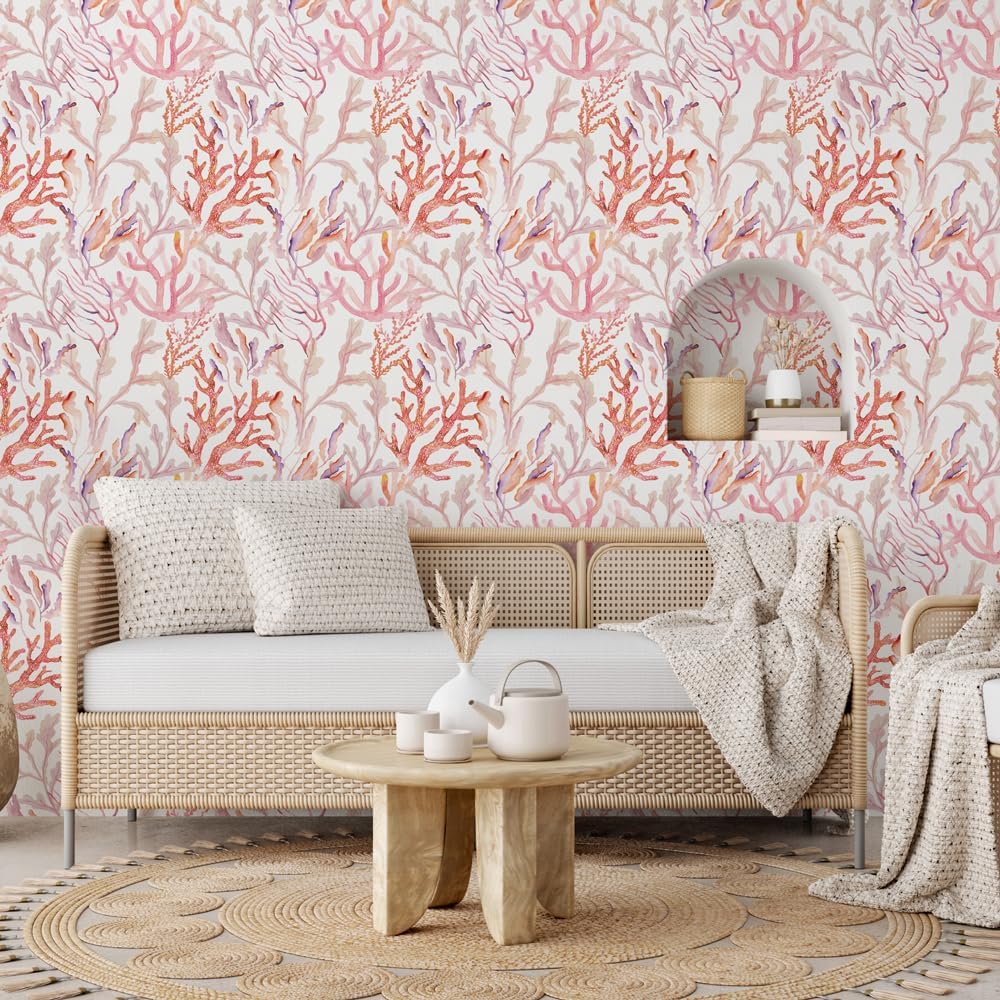 Tempaper Rose Pink Coral Reef Removable Peel and Stick Coastal Wallpaper, 20.5 in X 16.5 ft, Made in The USA