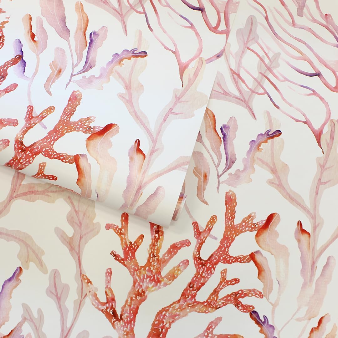 Tempaper Rose Pink Coral Reef Removable Peel and Stick Coastal Wallpaper, 20.5 in X 16.5 ft, Made in The USA