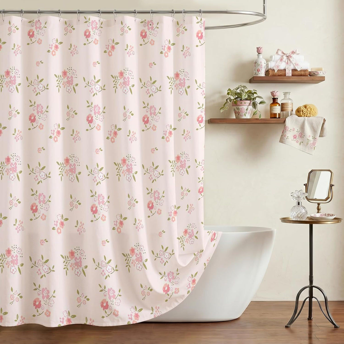 Pink Flower Shower Curtain Girly Shower Curtains for Bathroom Pastel Pink Curtain for Bathtub Gift for Girl (Pink, 71x71inch)