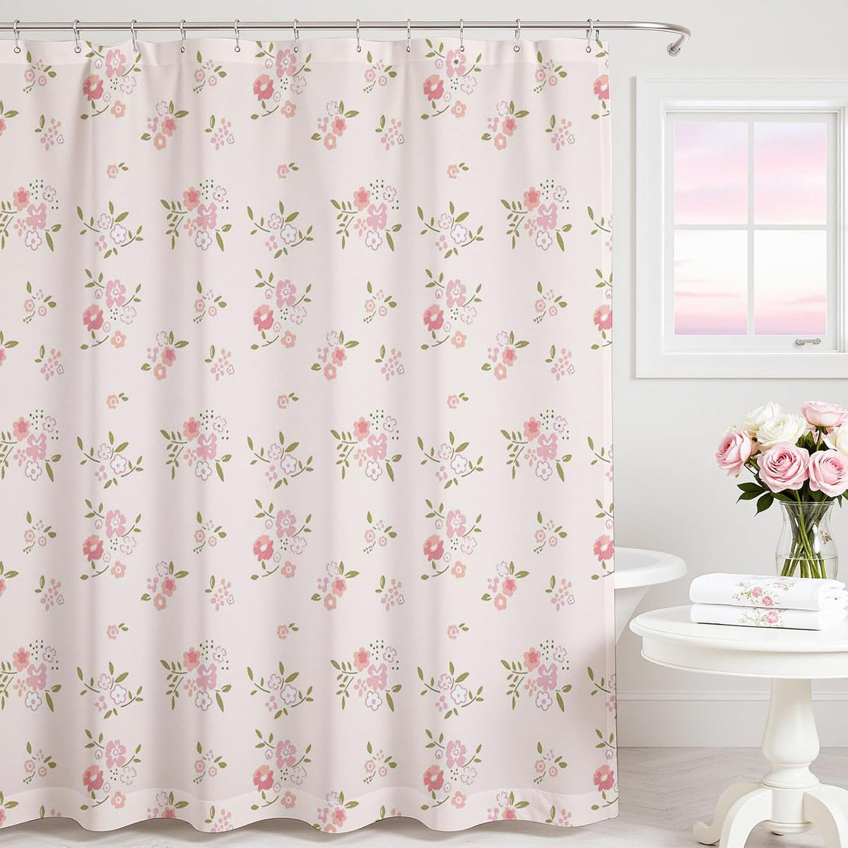 Pink Flower Shower Curtain Girly Shower Curtains for Bathroom Pastel Pink Curtain for Bathtub Gift for Girl (Pink, 71x71inch)
