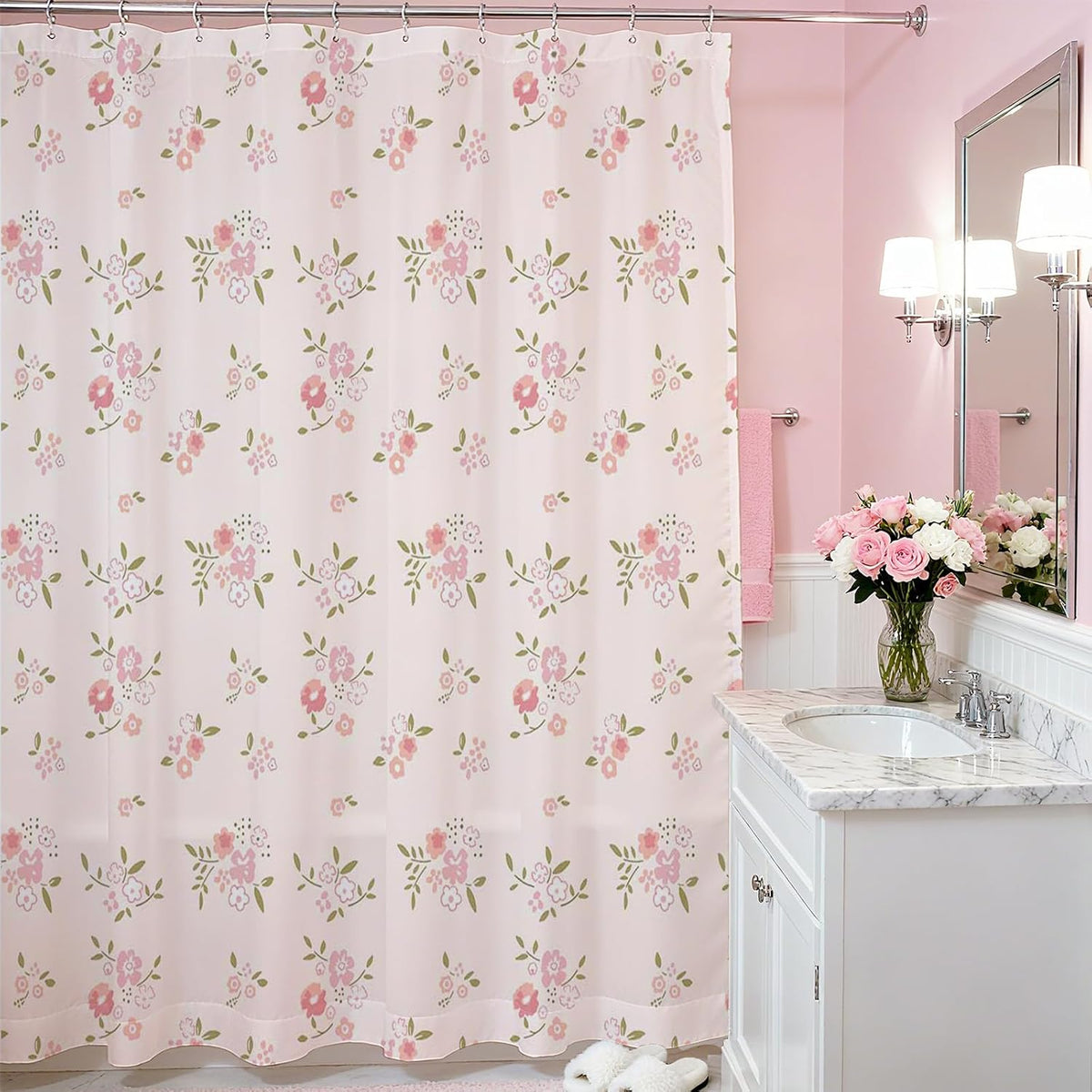 Pink Flower Shower Curtain Girly Shower Curtains for Bathroom Pastel Pink Curtain for Bathtub Gift for Girl (Pink, 71x71inch)