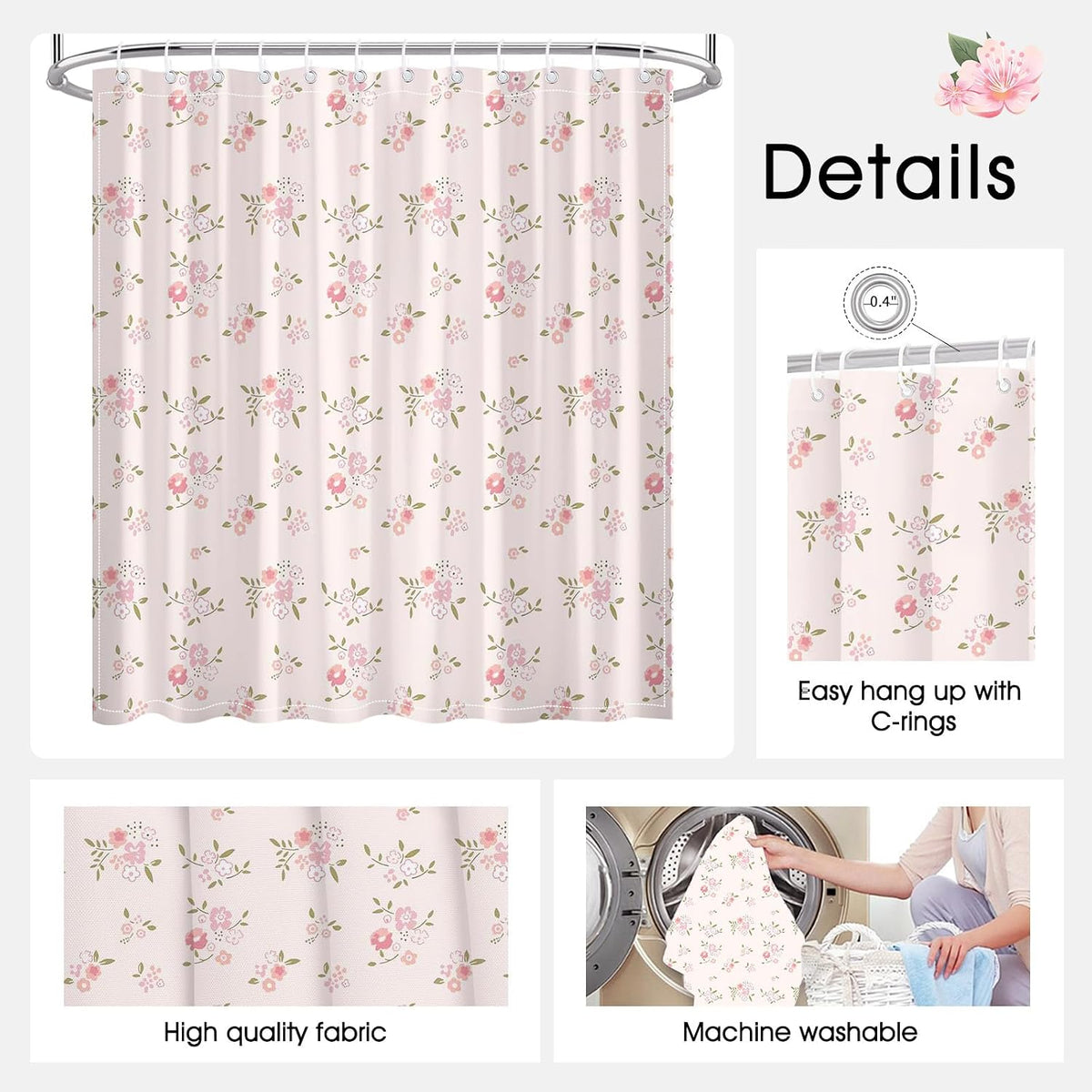 Pink Flower Shower Curtain Girly Shower Curtains for Bathroom Pastel Pink Curtain for Bathtub Gift for Girl (Pink, 71x71inch)
