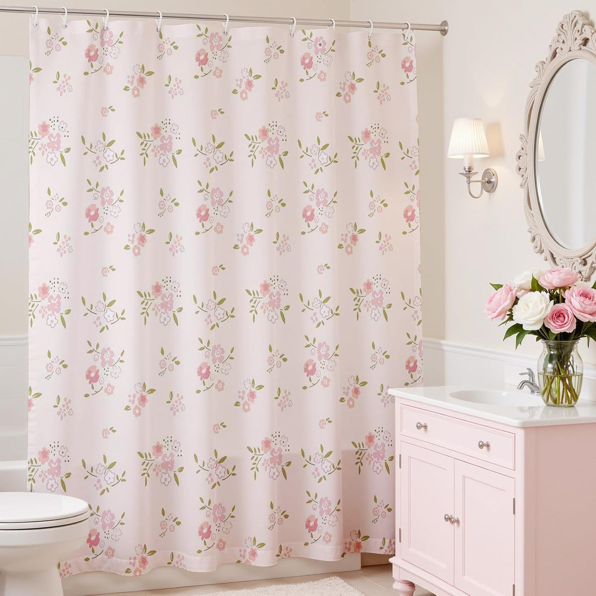 Pink Flower Shower Curtain Girly Shower Curtains for Bathroom Pastel Pink Curtain for Bathtub Gift for Girl (Pink, 71x71inch)