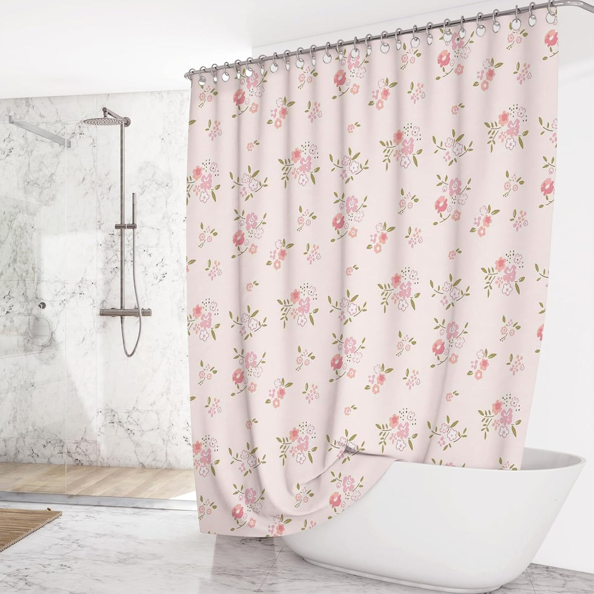 Pink Flower Shower Curtain Girly Shower Curtains for Bathroom Pastel Pink Curtain for Bathtub Gift for Girl (Pink, 71x71inch)