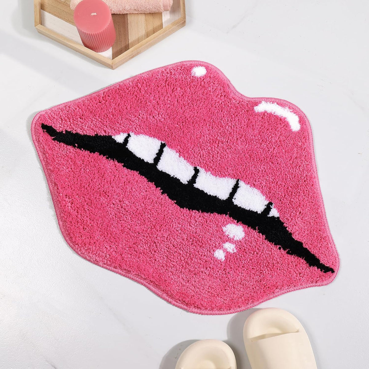 Pink Bathroom Rugs, Cute Lips Bath Mat Non Slip Lips Shaped Absorbent Bathtub Rug Bathroom Plush Shower Rugs.