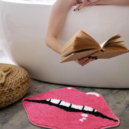 Pink Bathroom Rugs, Cute Lips Bath Mat Non Slip Lips Shaped Absorbent Bathtub Rug Bathroom Plush Shower Rugs.