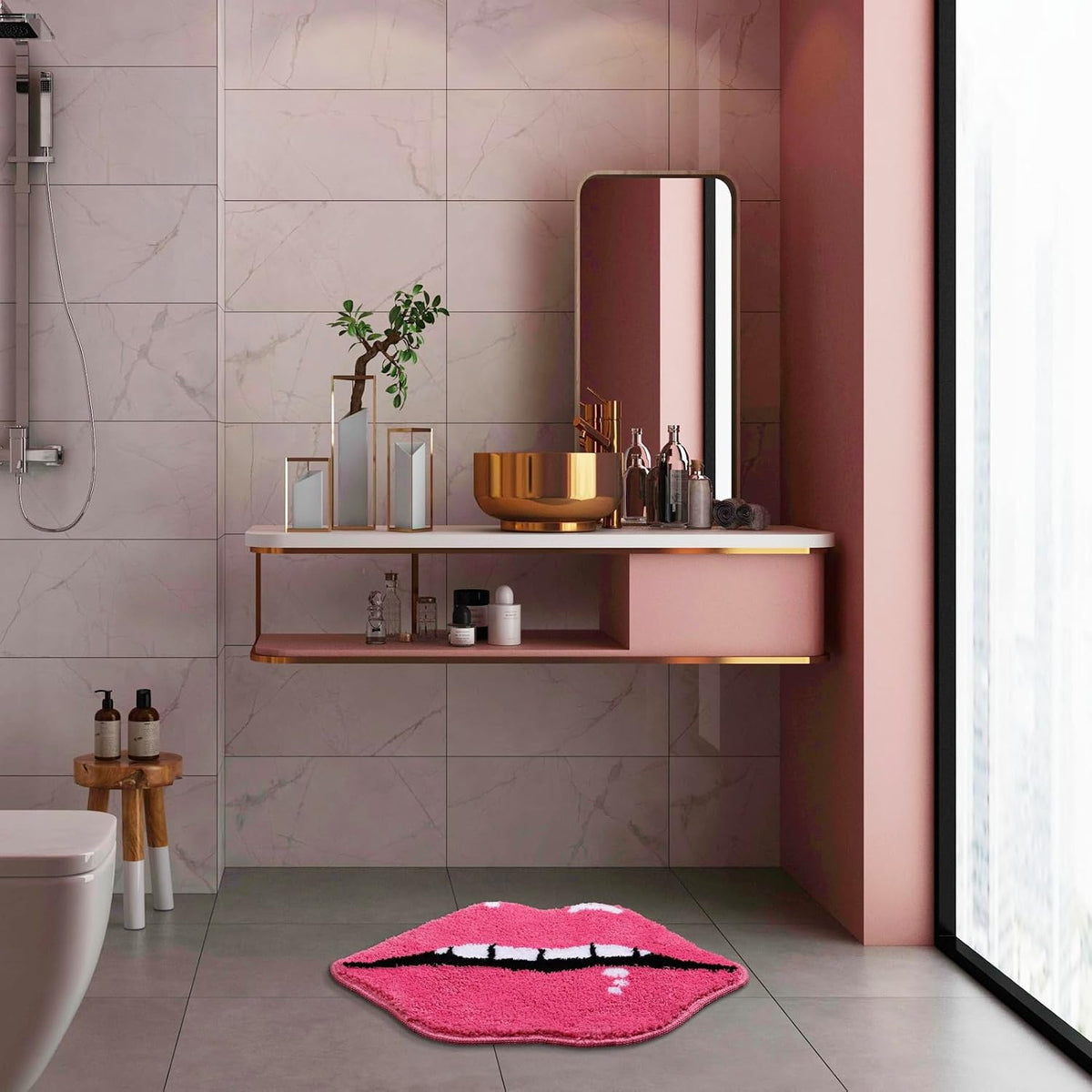 Pink Bathroom Rugs, Cute Lips Bath Mat Non Slip Lips Shaped Absorbent Bathtub Rug Bathroom Plush Shower Rugs.