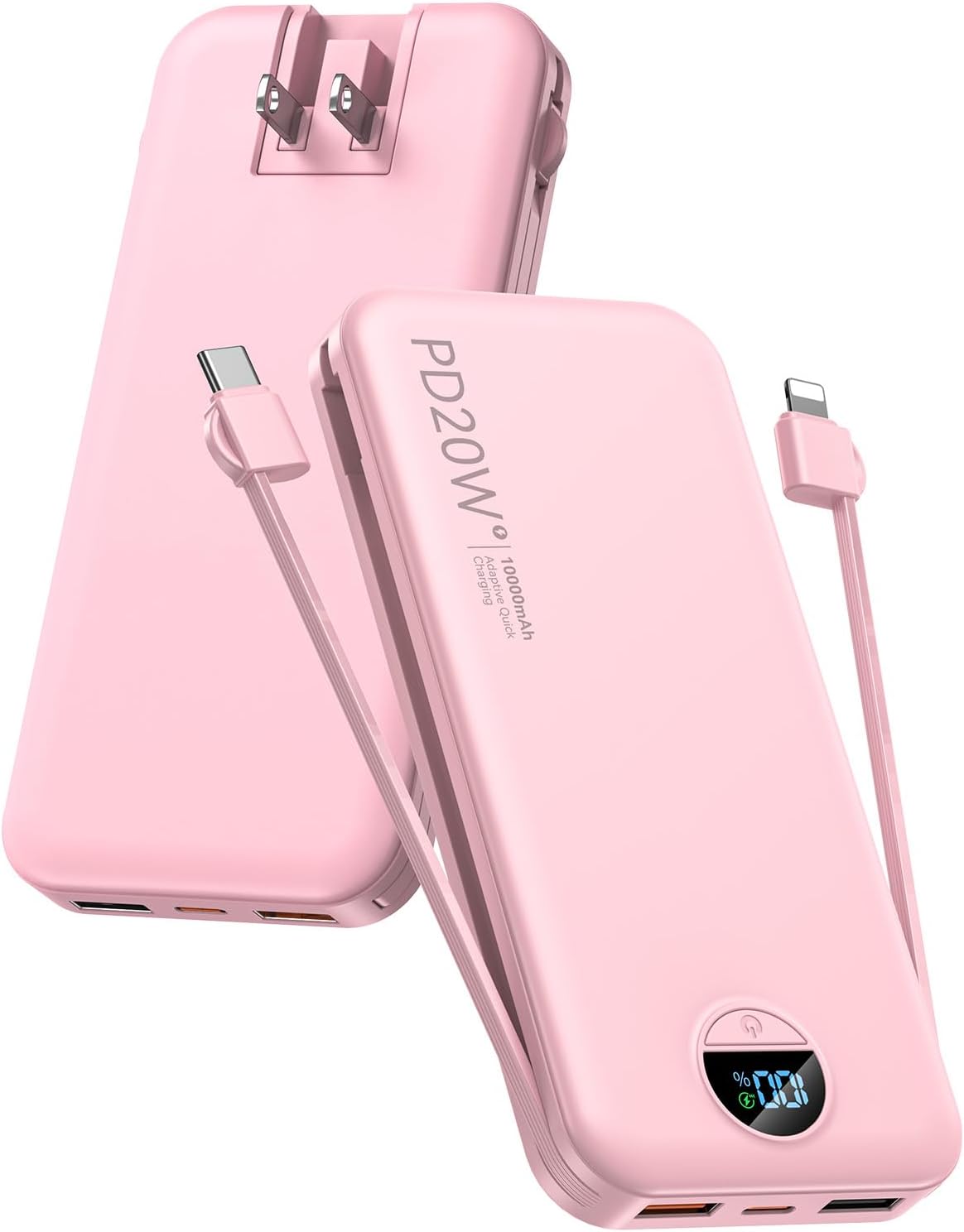 Portable Charger 10000mAh PD20W w/Built-in Cables & Wall Plug Pink