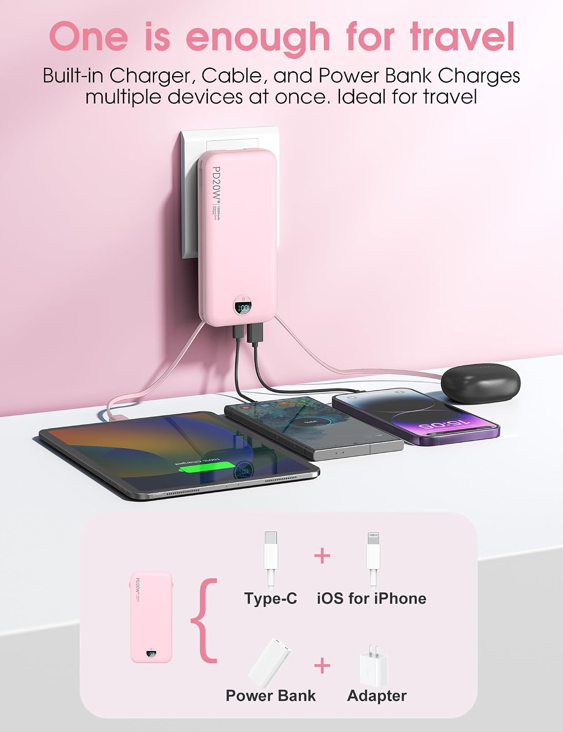 Portable Charger 10000mAh PD20W w/Built-in Cables & Wall Plug Pink
