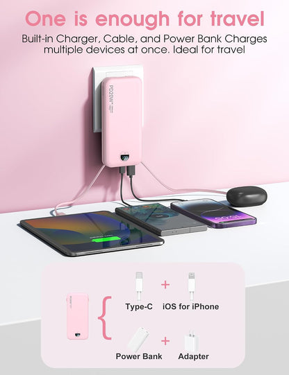Portable Charger 10000mAh PD20W w/Built-in Cables & Wall Plug Pink