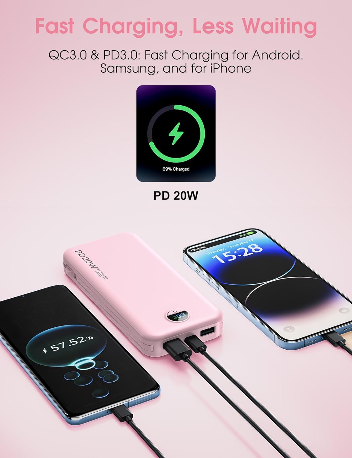 Portable Charger 10000mAh PD20W w/Built-in Cables & Wall Plug Pink