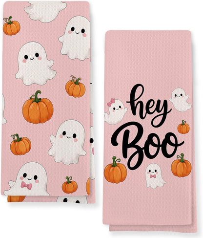 Pink Halloween Ghost Kitchen Towels Set of 2, Cute Pumpkin Ghost Hey Boo Hand Towels for Bathroom Kitchen Decor, Halloween Fall Spooky Coquette Dish Tea Towel, 16x24 Inch