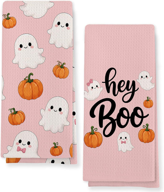 Pink Halloween Ghost Kitchen Towels Set of 2, Cute Pumpkin Ghost Hey Boo Hand Towels for Bathroom Kitchen Decor, Halloween Fall Spooky Coquette Dish Tea Towel, 16x24 Inch