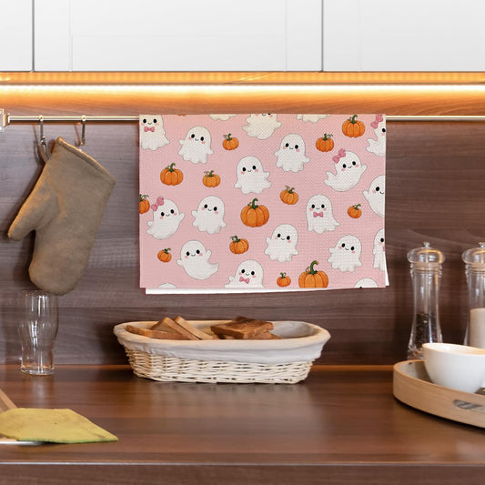 Pink Halloween Ghost Kitchen Towels Set of 2, Cute Pumpkin Ghost Hey Boo Hand Towels for Bathroom Kitchen Decor, Halloween Fall Spooky Coquette Dish Tea Towel, 16x24 Inch