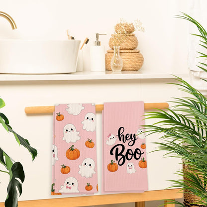 Pink Halloween Ghost Kitchen Towels Set of 2, Cute Pumpkin Ghost Hey Boo Hand Towels for Bathroom Kitchen Decor, Halloween Fall Spooky Coquette Dish Tea Towel, 16x24 Inch