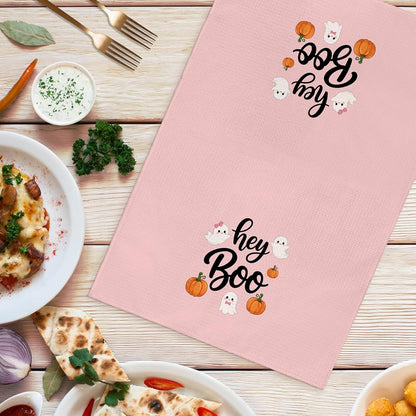 Pink Halloween Ghost Kitchen Towels Set of 2, Cute Pumpkin Ghost Hey Boo Hand Towels for Bathroom Kitchen Decor, Halloween Fall Spooky Coquette Dish Tea Towel, 16x24 Inch