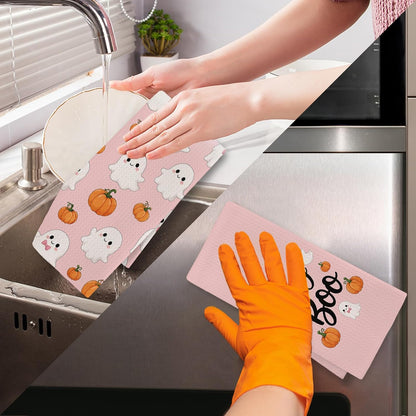 Pink Halloween Ghost Kitchen Towels Set of 2, Cute Pumpkin Ghost Hey Boo Hand Towels for Bathroom Kitchen Decor, Halloween Fall Spooky Coquette Dish Tea Towel, 16x24 Inch