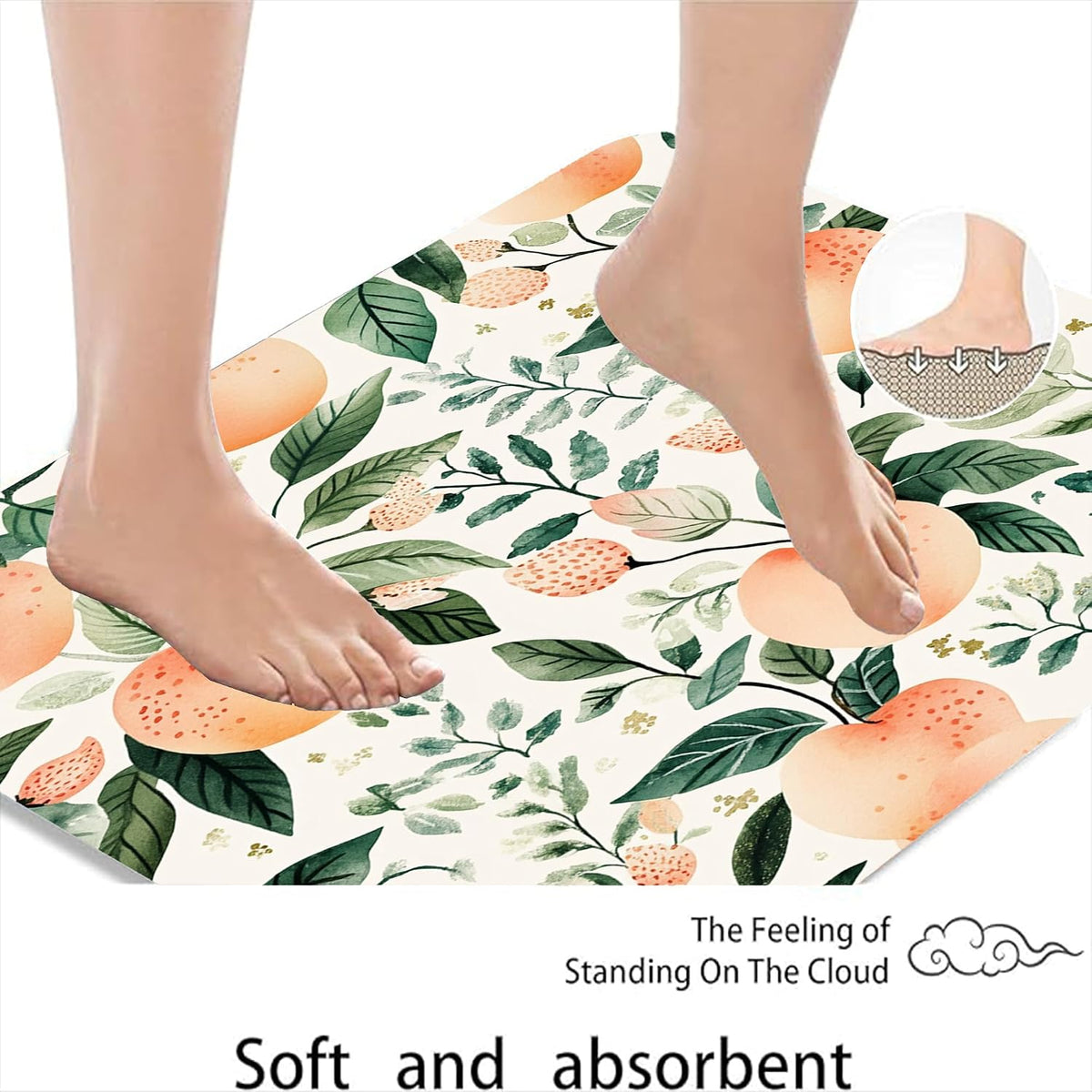 Peach Floral Quick Dry Bath Mat, Nature Inspired Leafy Design Absorbent Non Slip Shower Mat, Summer Memory Foam Washable Bath Rugs for Bathroom Toilet Restroom Decorative 20x32 Inch