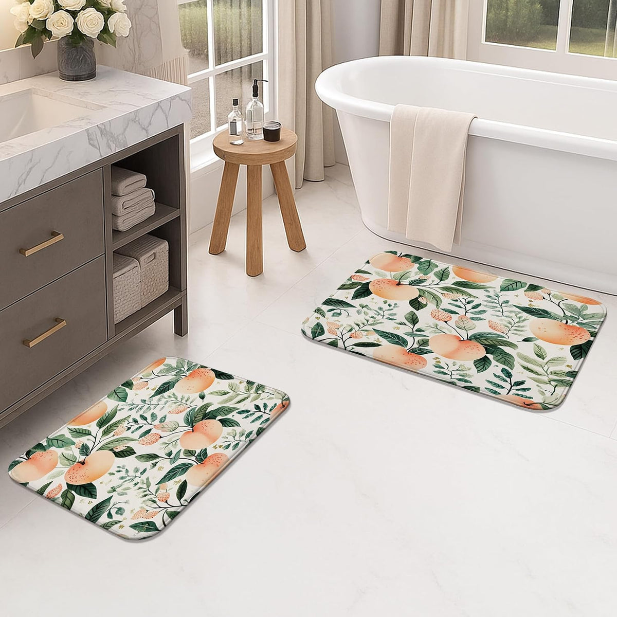 Peach Floral Quick Dry Bath Mat, Nature Inspired Leafy Design Absorbent Non Slip Shower Mat, Summer Memory Foam Washable Bath Rugs for Bathroom Toilet Restroom Decorative 20x32 Inch