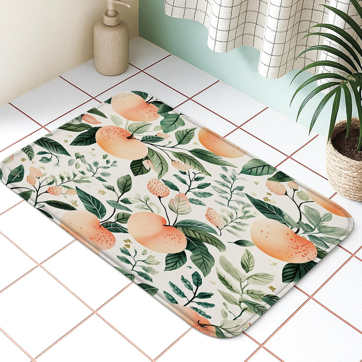 Peach Floral Quick Dry Bath Mat, Nature Inspired Leafy Design Absorbent Non Slip Shower Mat, Summer Memory Foam Washable Bath Rugs for Bathroom Toilet Restroom Decorative 20x32 Inch