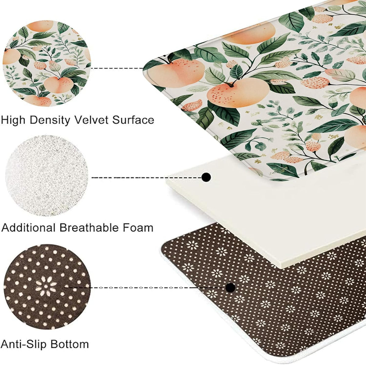 Peach Floral Quick Dry Bath Mat, Nature Inspired Leafy Design Absorbent Non Slip Shower Mat, Summer Memory Foam Washable Bath Rugs for Bathroom Toilet Restroom Decorative 20x32 Inch