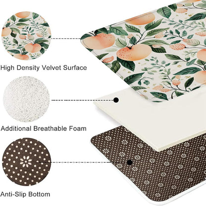 Peach Floral Quick Dry Bath Mat, Nature Inspired Leafy Design Absorbent Non Slip Shower Mat, Summer Memory Foam Washable Bath Rugs for Bathroom Toilet Restroom Decorative 20x32 Inch