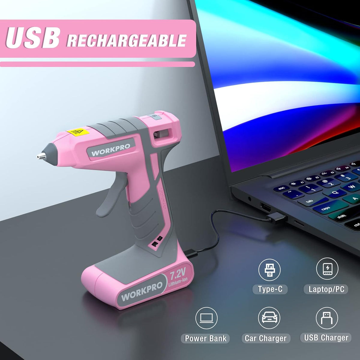 Pink Cordless Hot Melt Glue Gun with 20 Pcs Mini Glue Sticks