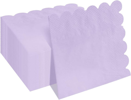 HEIPINIUYE 50 Pieces 2-ply Light Purple Napkin Disposable Scalloped Cocktail Napkins Beverage Napkins Dessert Napkins Paper Napkins for Wedding Birthday Party Paper Dinner Napkins