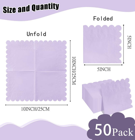 HEIPINIUYE 50 Pieces 2-ply Light Purple Napkin Disposable Scalloped Cocktail Napkins Beverage Napkins Dessert Napkins Paper Napkins for Wedding Birthday Party Paper Dinner Napkins