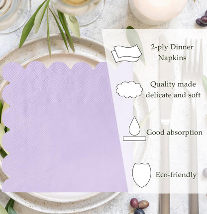 HEIPINIUYE 50 Pieces 2-ply Light Purple Napkin Disposable Scalloped Cocktail Napkins Beverage Napkins Dessert Napkins Paper Napkins for Wedding Birthday Party Paper Dinner Napkins