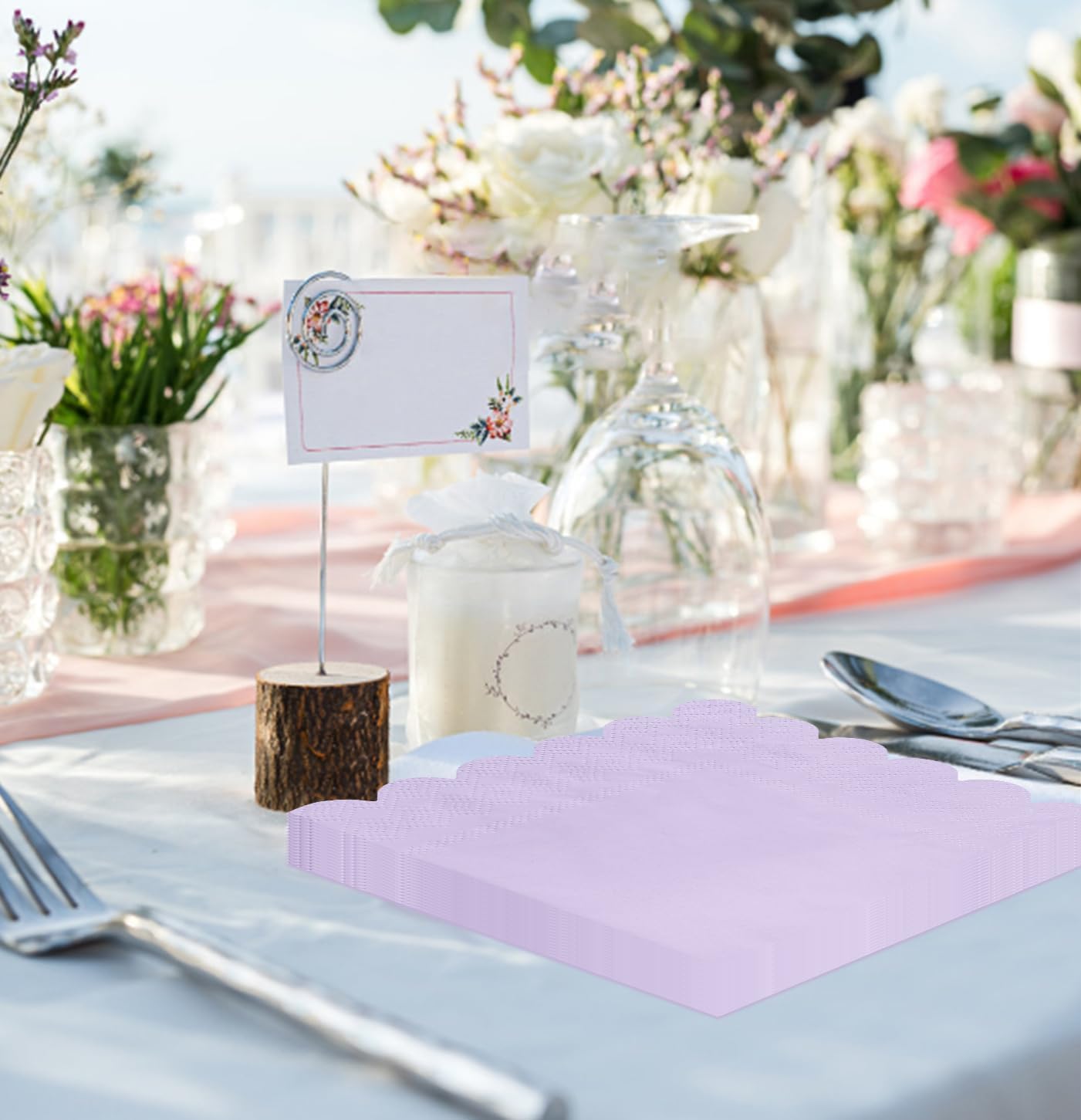 HEIPINIUYE 50 Pieces 2-ply Light Purple Napkin Disposable Scalloped Cocktail Napkins Beverage Napkins Dessert Napkins Paper Napkins for Wedding Birthday Party Paper Dinner Napkins