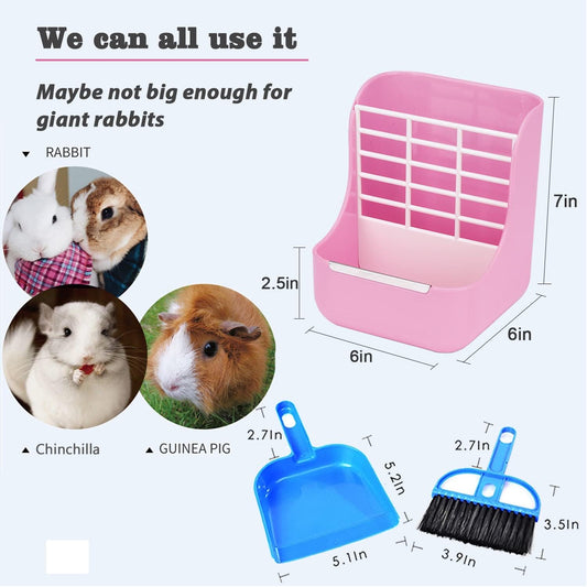 Rabbit Hay Food Bin Feeder and Bunny Water Bottle Set, Hay Food Feeder Bowls Manger Rack with 500ml Hanging Water Dispenser Prevent Knock Over for Rabbit Guinea Pig Chinchilla (Large, Pink)