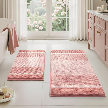 Pink Bathroom Rugs Set of 2, Striped Chenille, 20"x32"+17"x24"