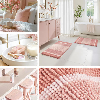 Pink Bathroom Rugs Set of 2, Striped Chenille, 20"x32"+17"x24"