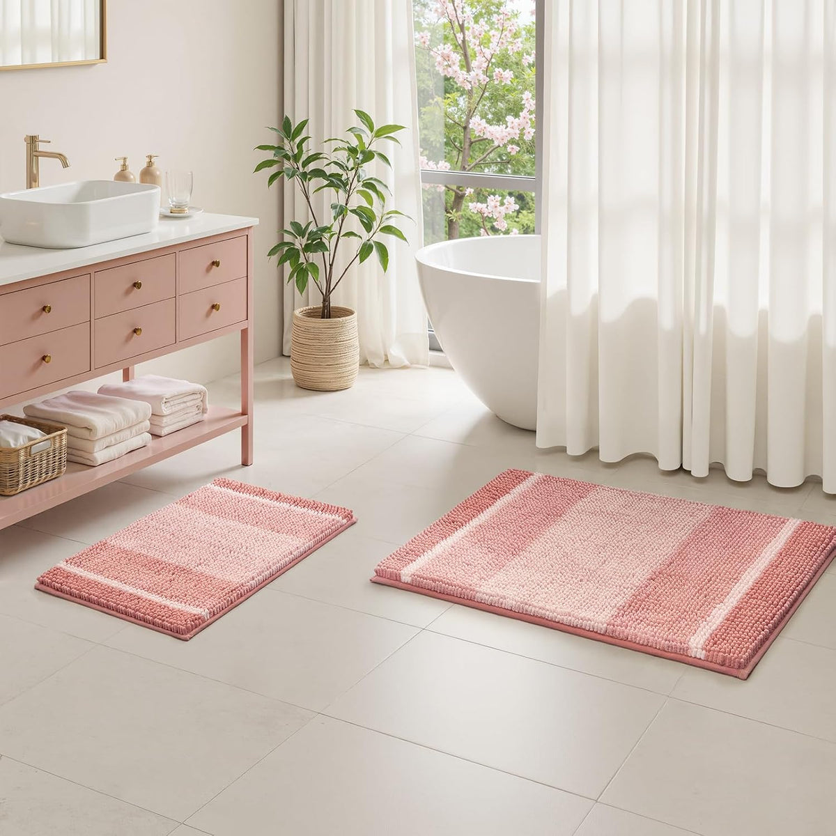 Pink Bathroom Rugs Set of 2, Striped Chenille, 20"x32"+17"x24"