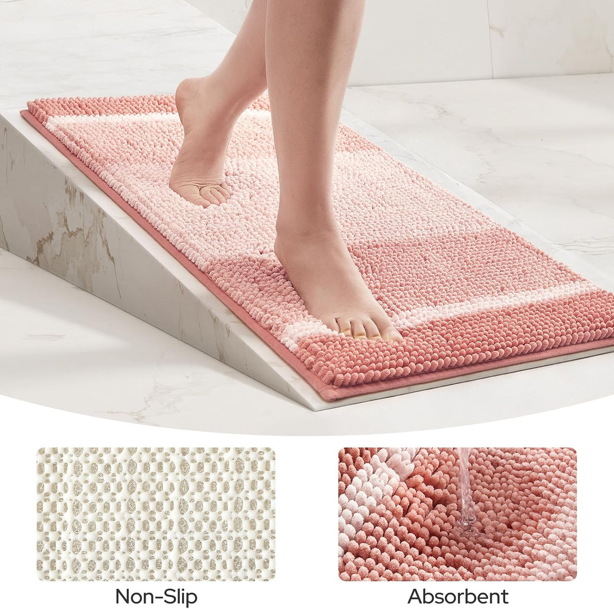 Pink Bathroom Rugs Set of 2, Striped Chenille, 20"x32"+17"x24"