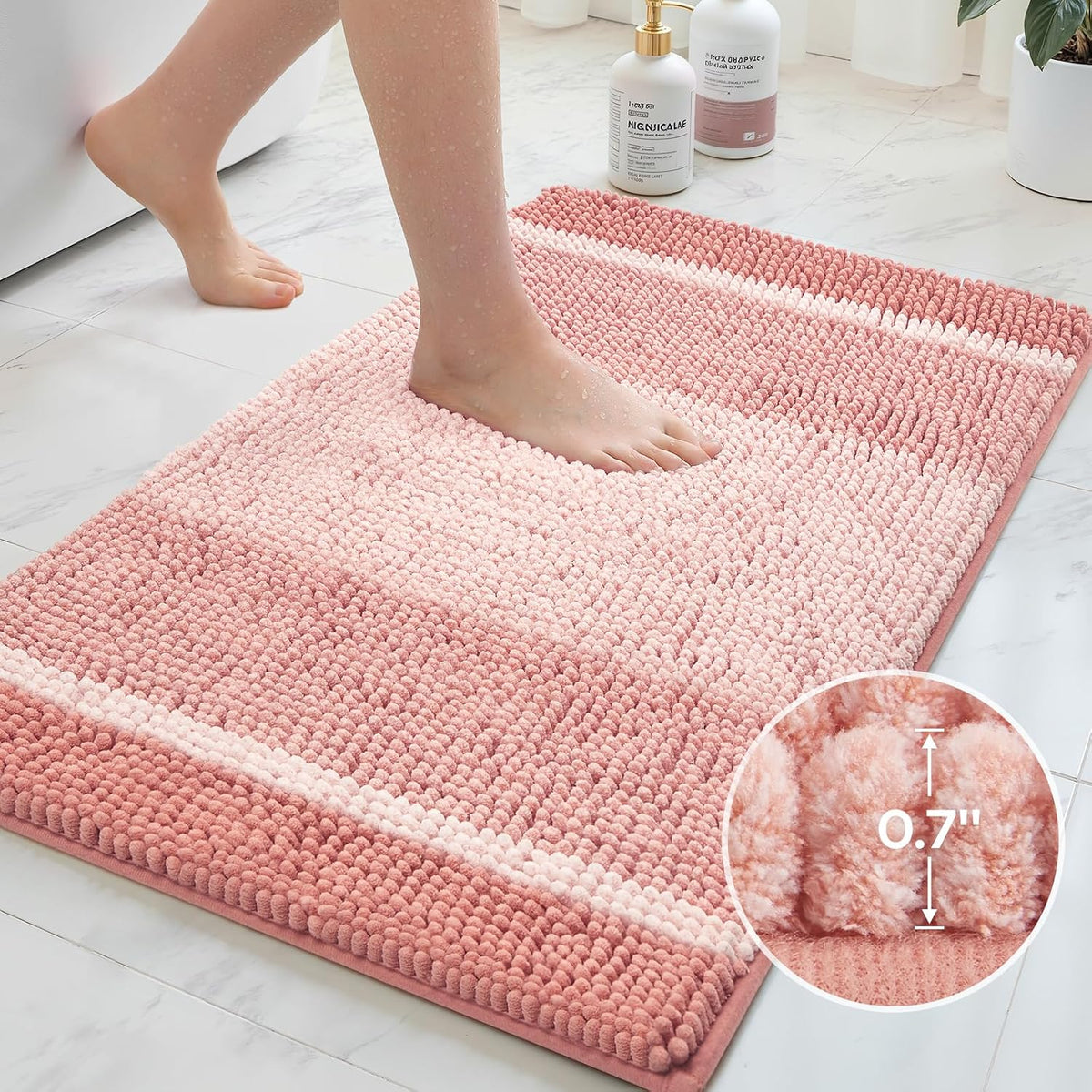 Pink Bathroom Rugs Set of 2, Striped Chenille, 20"x32"+17"x24"