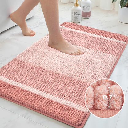Pink Bathroom Rugs Set of 2, Striped Chenille, 20"x32"+17"x24"