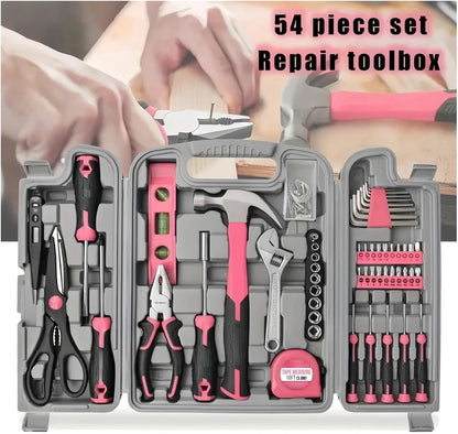54pc Pink Home DIY Repair Tool Kit Set Women Ladies Beginner Complete Hand Tools in a Portable Toolbox Case