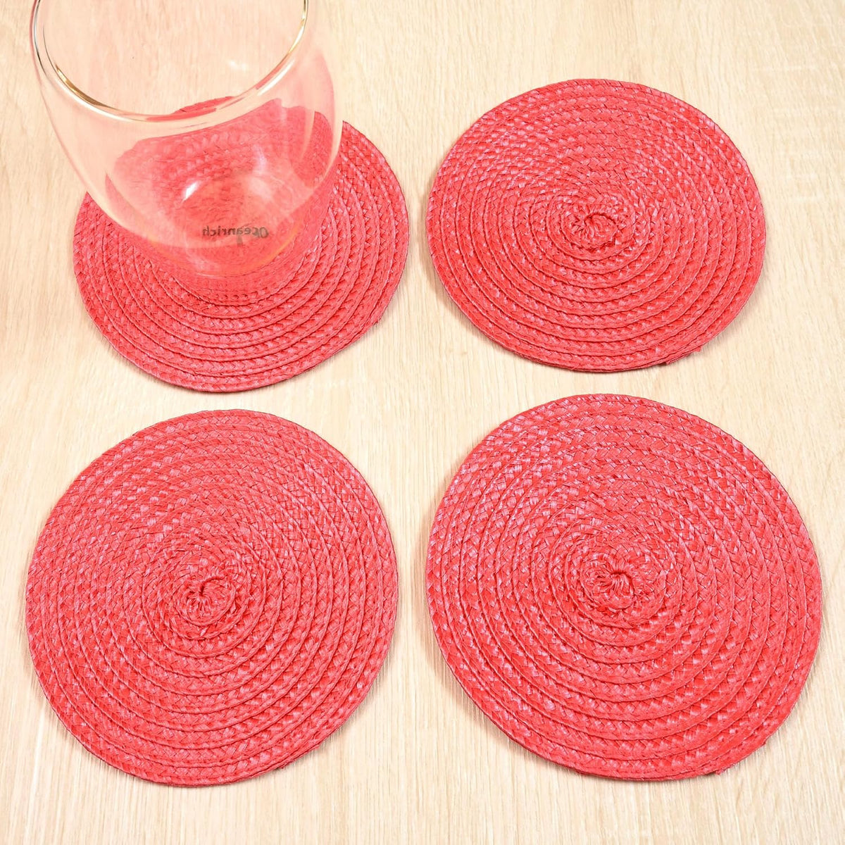 Round Braided Woven Polypropylene Plastic Coaster Set of 4 (Poppy Pink)