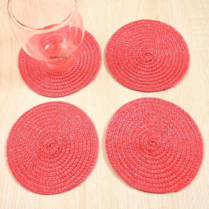 Round Braided Woven Polypropylene Plastic Coaster Set of 4 (Poppy Pink)