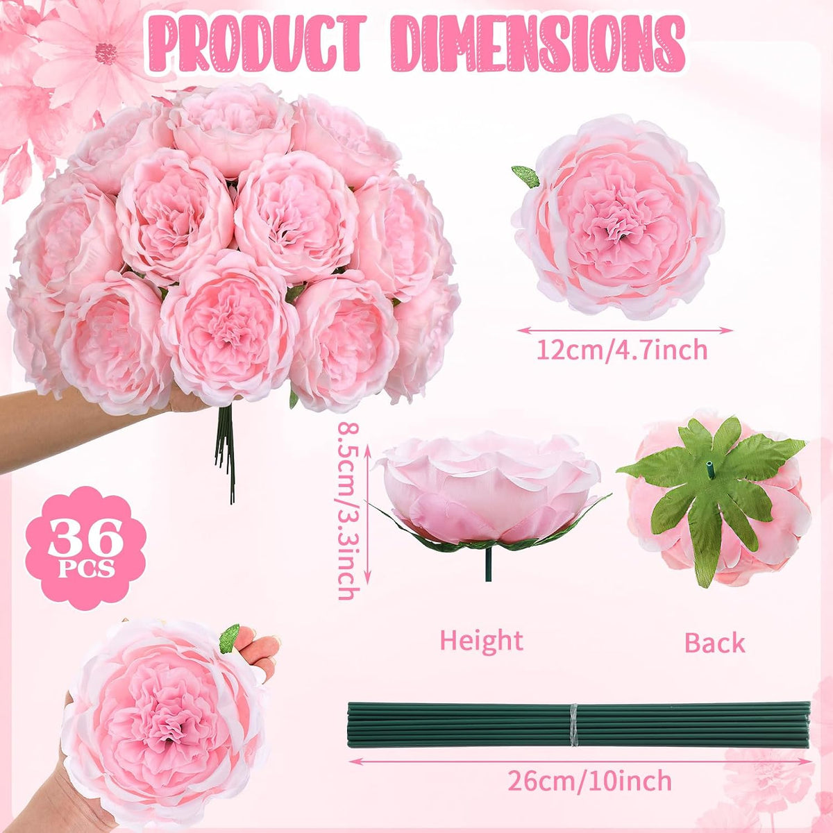 36 Pack Artificial Austin Rose Peonies 4.7 Inch, Pink