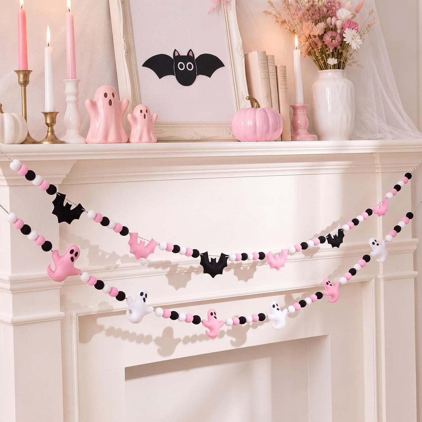 Thiccywoov 2 Pcs 8.2ft Pink Halloween Felt Garland, 3D Ghost Bat Ball Decor