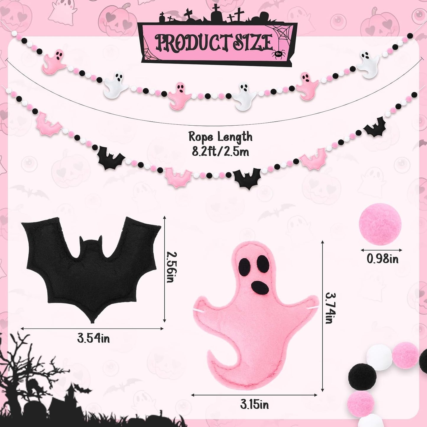 Thiccywoov 2 Pcs 8.2ft Pink Halloween Felt Garland, 3D Ghost Bat Ball Decor