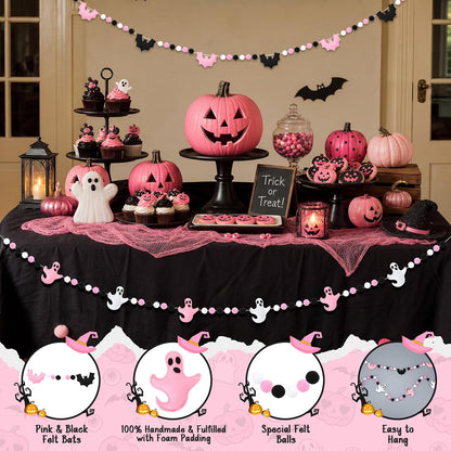 Thiccywoov 2 Pcs 8.2ft Pink Halloween Felt Garland, 3D Ghost Bat Ball Decor