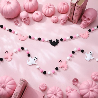 Thiccywoov 2 Pcs 8.2ft Pink Halloween Felt Garland, 3D Ghost Bat Ball Decor