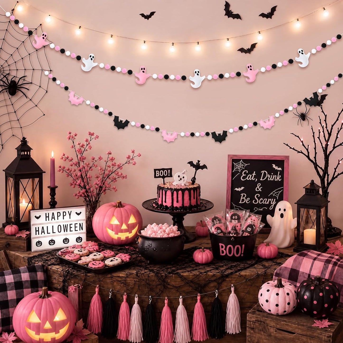 Thiccywoov 2 Pcs 8.2ft Pink Halloween Felt Garland, 3D Ghost Bat Ball Decor